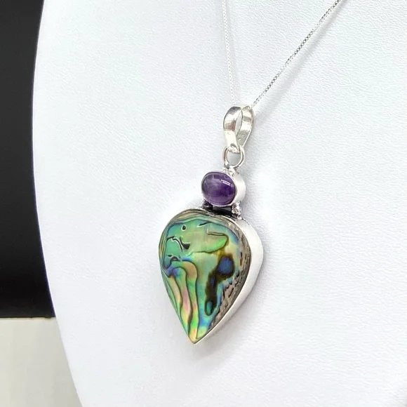 Abalone Shell & Amethyst Crystal Necklace Pendant Sterling Silver 925 Jewelry - Picture 4 of 7